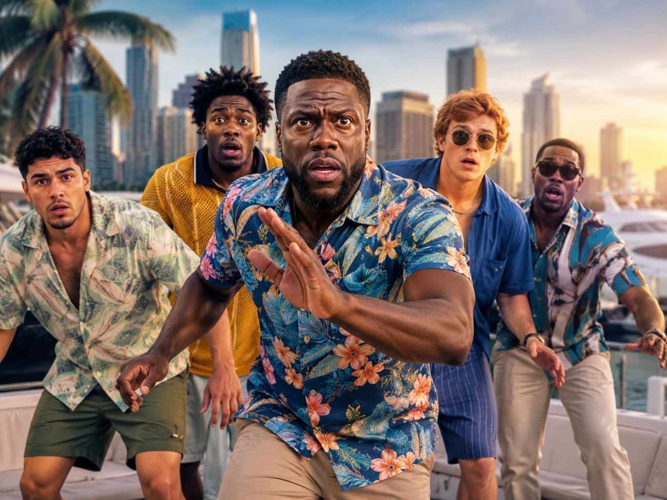 72 Hours Review featured image showing Kevin Hart and his friends running through a Miami marina during a chaotic bachelor party adventure in the Netflix comedy.