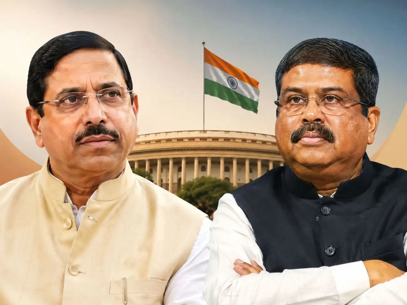 Dharmendra Pradhan resignation update with Pralhad Joshi taking charge as India's new Education Minister in front of Parliament.