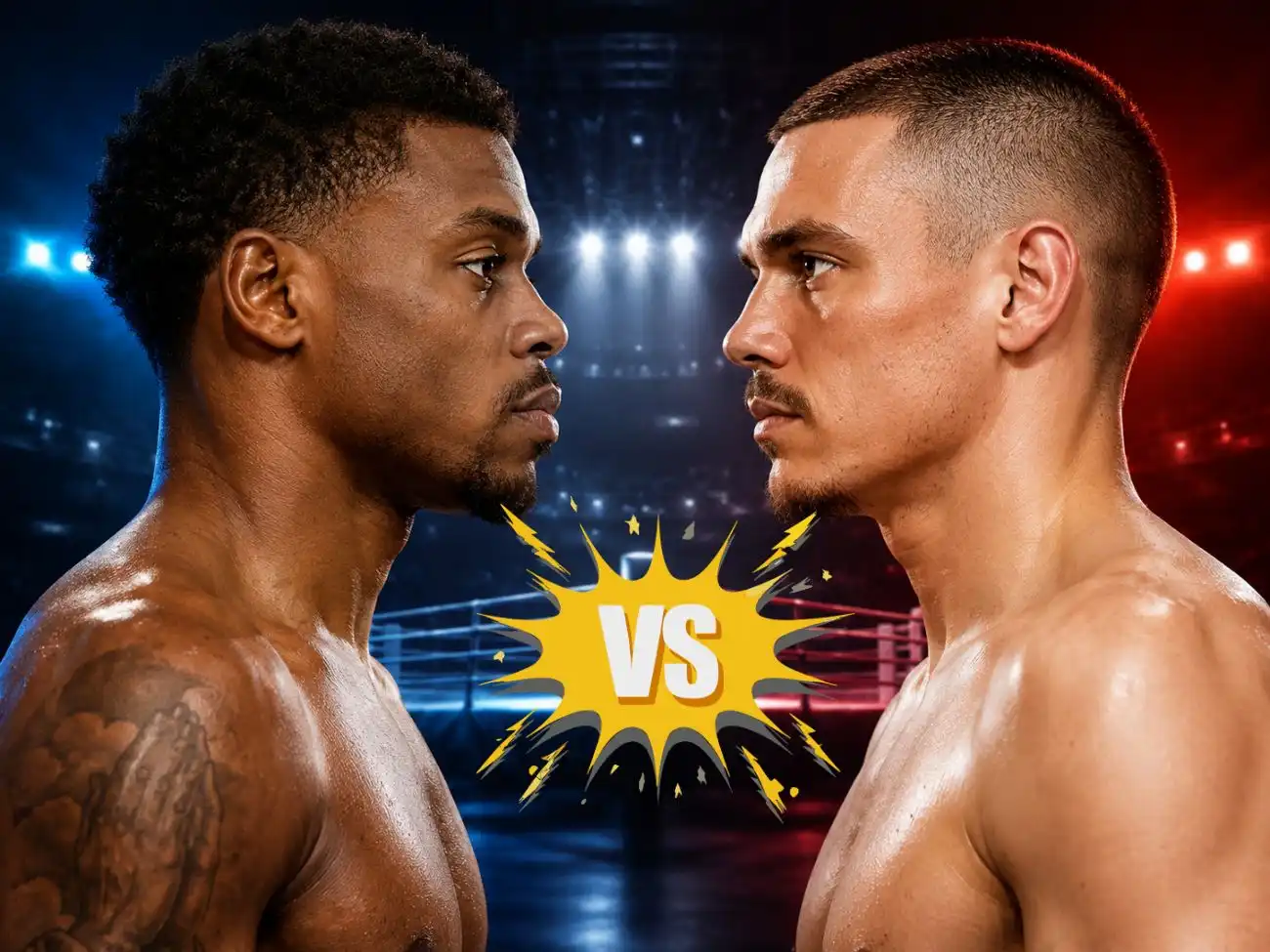 Errol Spence Jr vs Tim Tszyu face-off ahead of their highly anticipated boxing fight with a championship ring in the background.