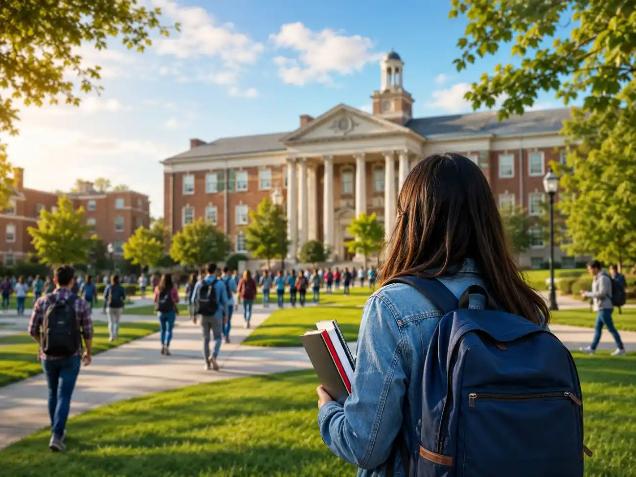 Students walking across a modern university campus with a historic academic building in the background, representing college admissions and campus life.