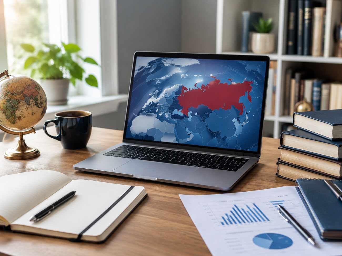 Kennan Institute Digital Fellowship 2026-2027 featured image showing a research workspace with a laptop displaying a world map, books, documents, and a globe representing international research and digital fellowship opportunities.