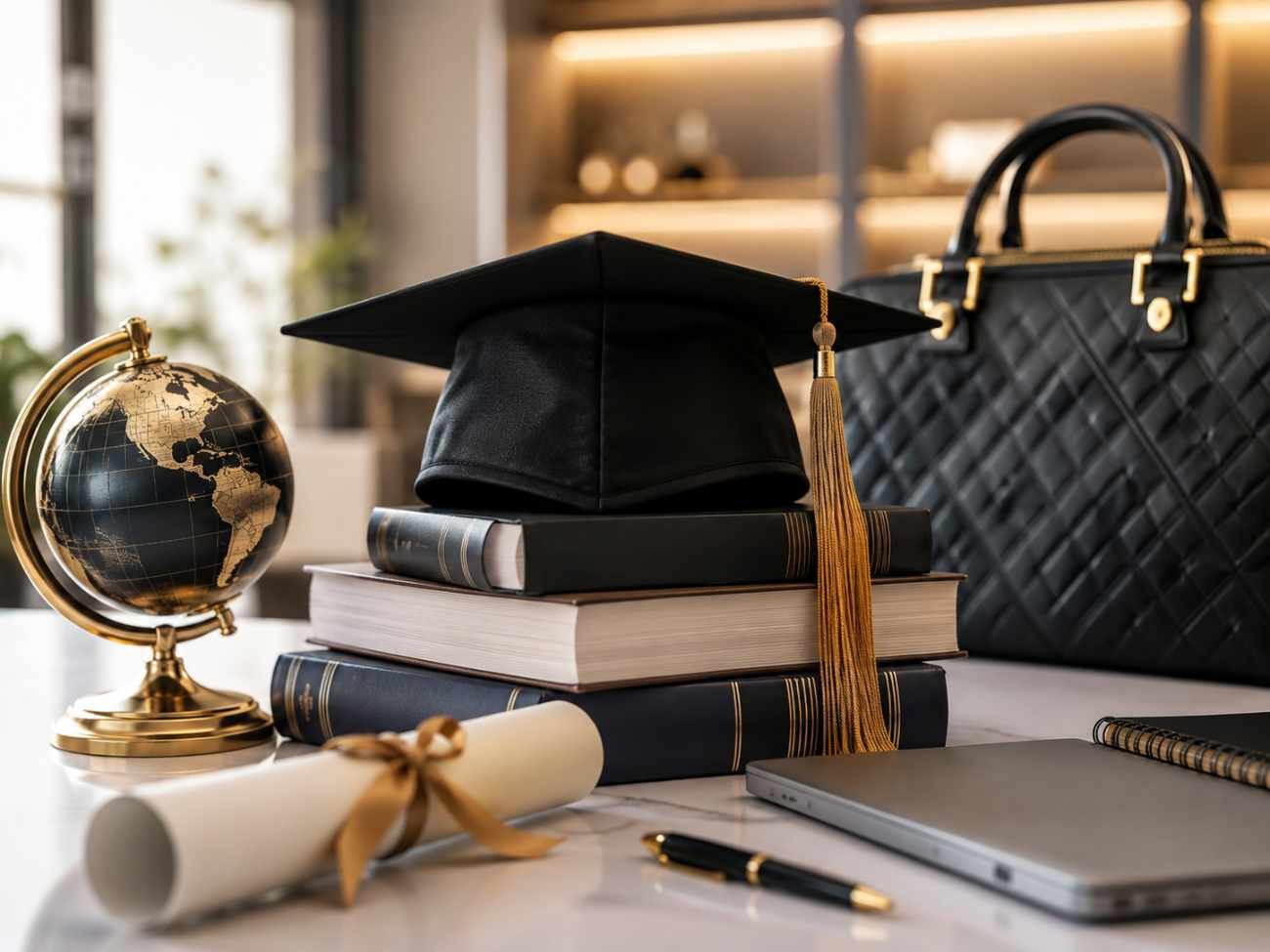 Luxury Connect Business School Scholarship Program 2026-27 featured image showing graduation cap, diploma, luxury accessories, globe, books, and a modern study desk representing scholarship opportunities for luxury business education.