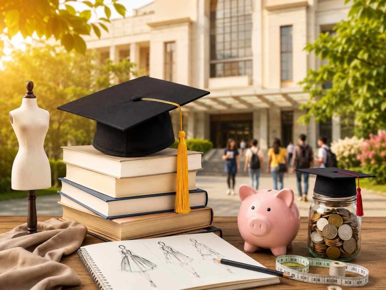 NIFT Scholarships 2026-27 featured image showing graduation cap, fashion mannequin, books, piggy bank, and university campus representing financial assistance for fashion education.