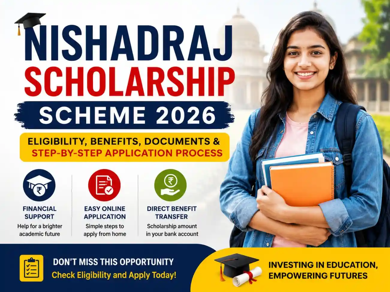 Nishadraj Scholarship Scheme 2026 featured image showing a student with eligibility, benefits, required documents, and online application process.