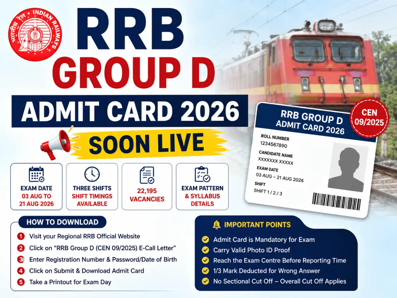 RRB Group D Admit Card 2026 download link, exam date, shift timings, exam pattern and hall ticket details