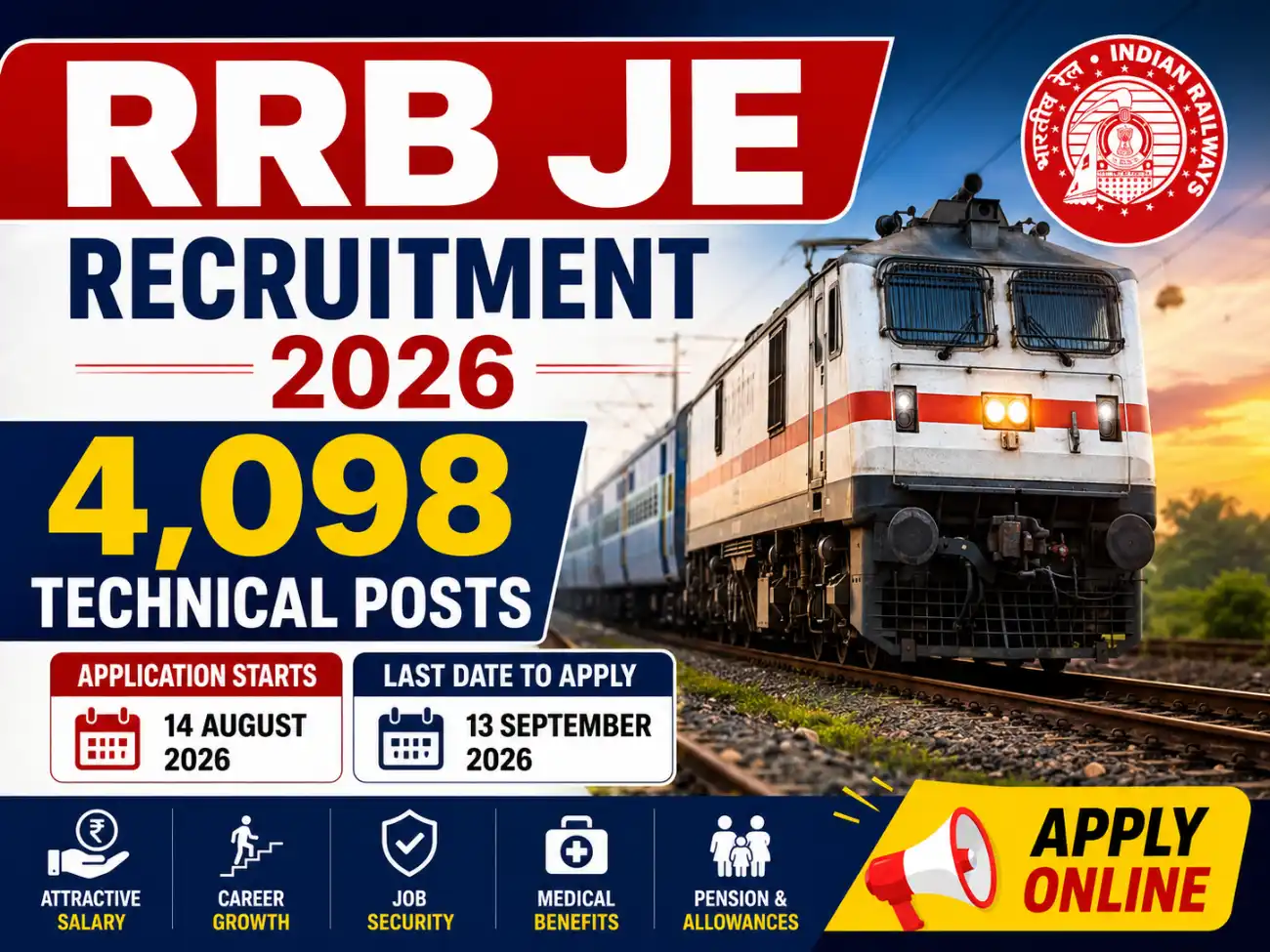 RRB JE Recruitment 2026 featured image showing an Indian Railways electric locomotive on railway tracks, engineering blueprint, safety helmet, and recruitment document representing 4,098 Junior Engineer and technical vacancies.