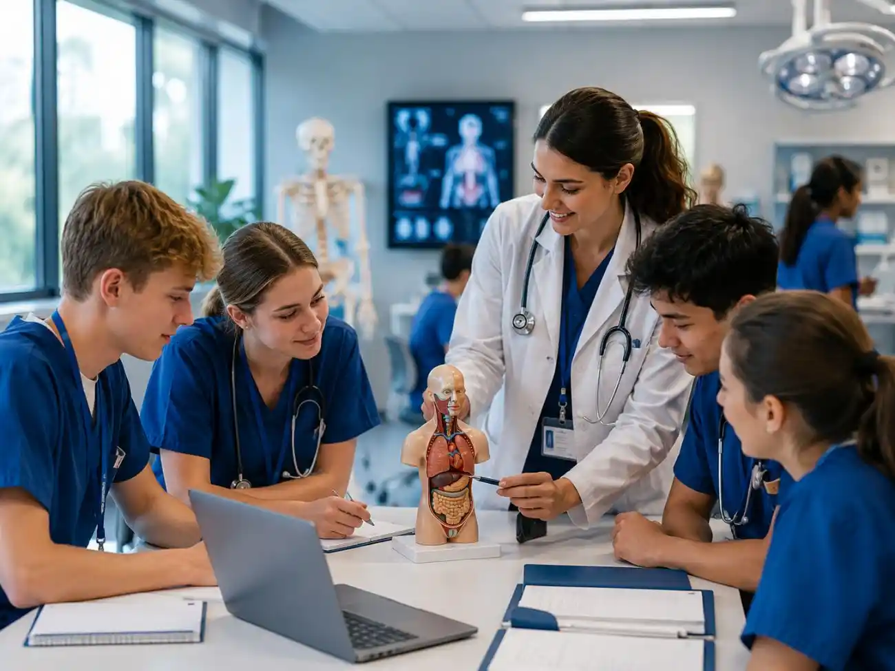 Summer medical internships for high school students learning anatomy with a doctor in a university medical training program
