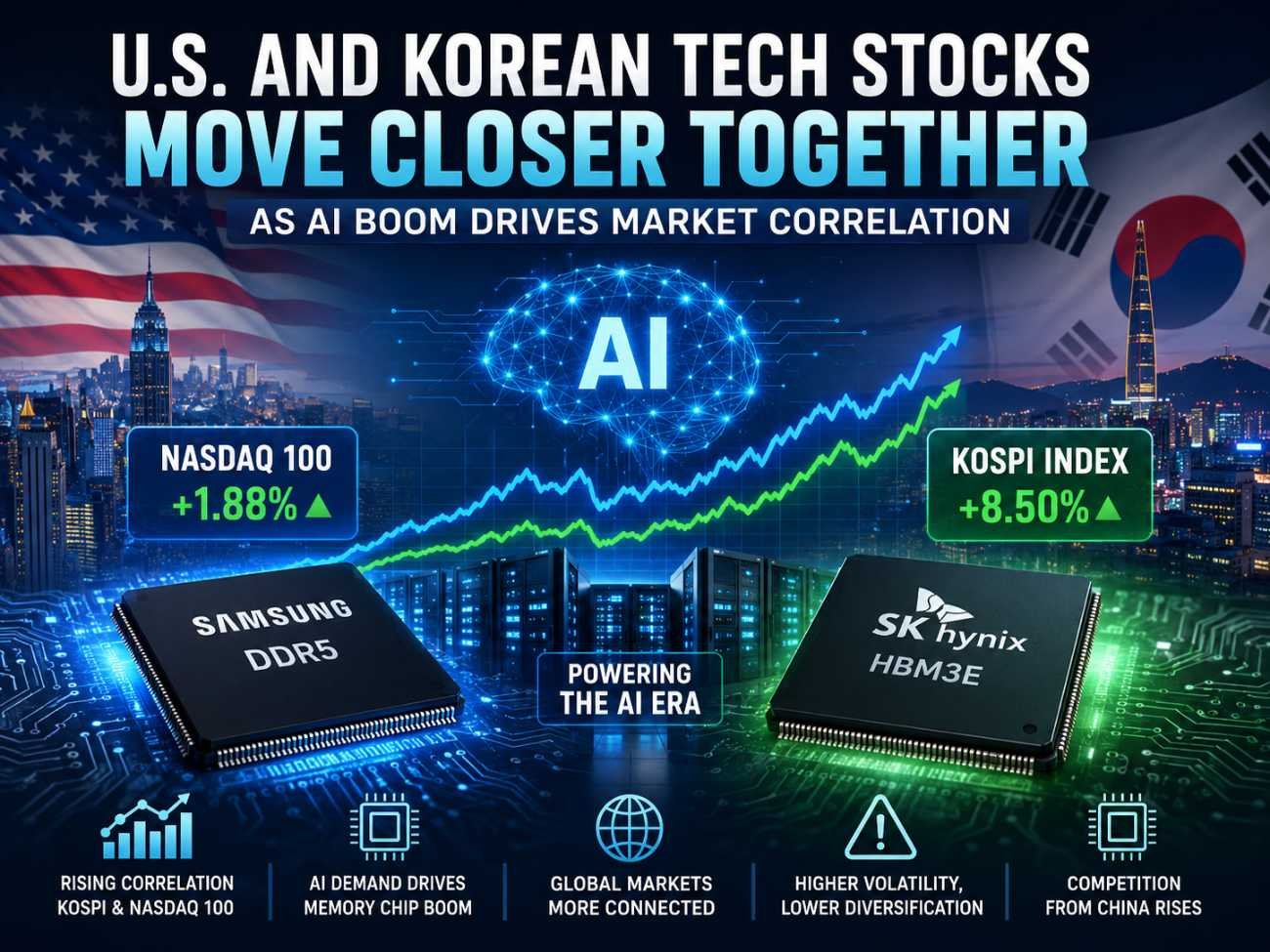 U.S. and South Korean technology stock markets connected by AI-driven semiconductor growth, featuring Samsung, SK Hynix, Nasdaq 100, Kospi, and AI data center infrastructure.