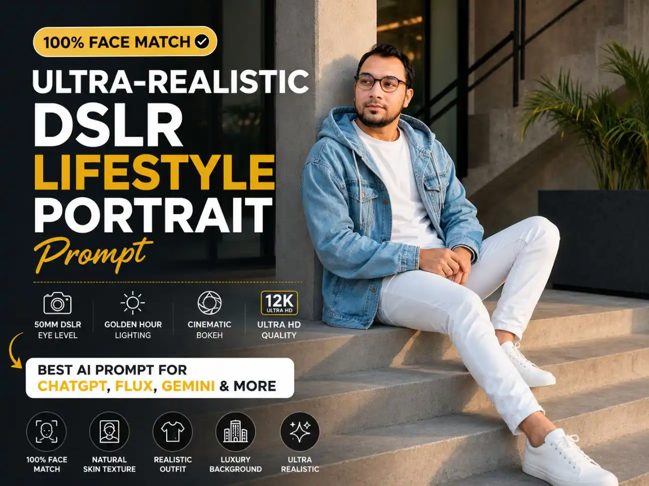 Ultra-Realistic DSLR Lifestyle Portrait Prompt showing a realistic AI portrait with 100% face match, cinematic DSLR lighting, modern luxury background, and natural lifestyle photography.