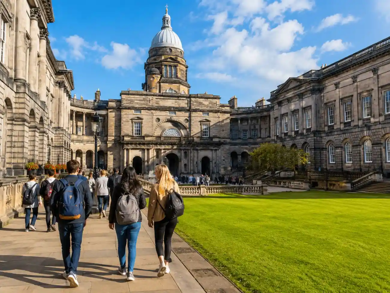 Students walking across the University of Edinburgh campus, representing the University of Edinburgh acceptance rate and admissions