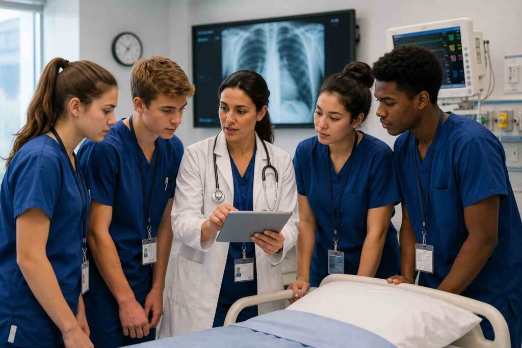 High school students learning clinical skills during a summer medical internship with a doctor