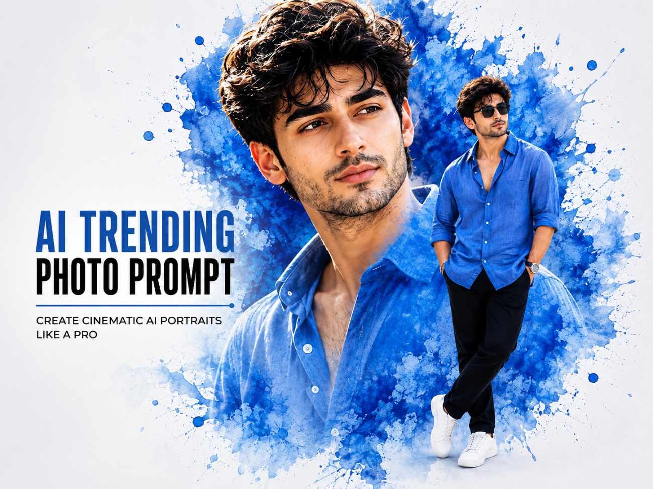 AI Trending Photo Prompt cinematic double exposure portrait featuring a realistic blue watercolor background with an exact face preservation AI image style